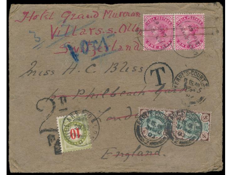 2 x QV 1 A. auf Brief mit Stempel  Chgra-Bhaka  12.8.03 nach London, unterfrankiert, T.-Stempel, umadressiert in die Schweiz,