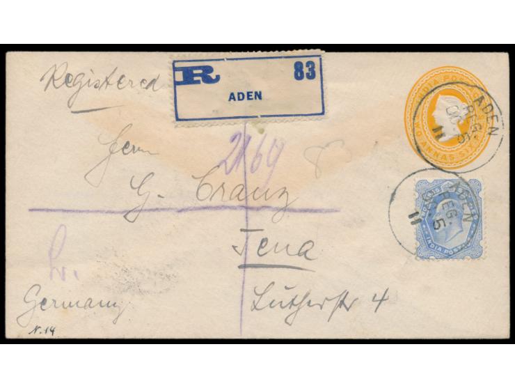 Aden,  Ganzsachenumschlag  QV  2 A. 6 P. mit Zusatzfrankatur  KE VII.  2 A. 6 P. als Einschreiben nach Deutschland, Stempel  