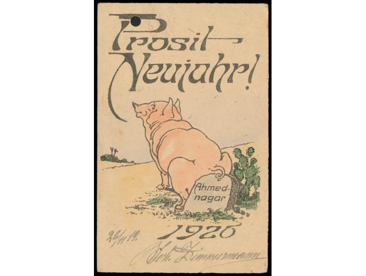 Ganzsache 1/4 A. mit rückseitigem Bildzudruck  "Prosit Neujahr! Ahmednagar 1920" , R2 "Service from Prisoner of War / Free Po