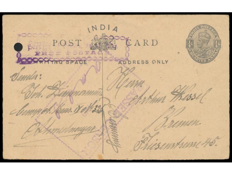 Ganzsache 1/4 A. mit rückseitigem Bildzudruck  "Prosit Neujahr! Ahmednagar 1920" , R2 "Service from Prisoner of War / Free Po