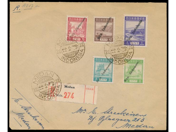 5 Marken der japanischen Besetzung mit lokalem Handstempelaufdruck  Rep. Indonesia auf Orts-Einschreibbrief mit Stempel  Meda