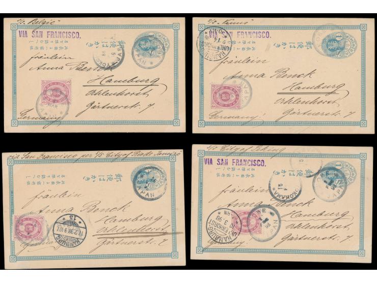 Lot von sieben 1 Sen-Ganzsachen mit rückseitig verschiedenen mehrfarbigen Bildern, alle mit Zusatzfrankatur 3 Sen Koban, alle