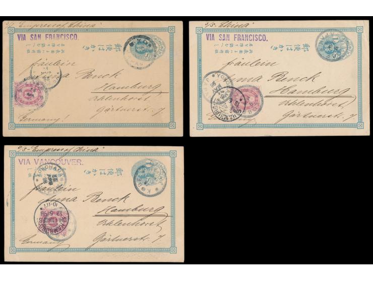 Lot von sieben 1 Sen-Ganzsachen mit rückseitig verschiedenen mehrfarbigen Bildern, alle mit Zusatzfrankatur 3 Sen Koban, alle