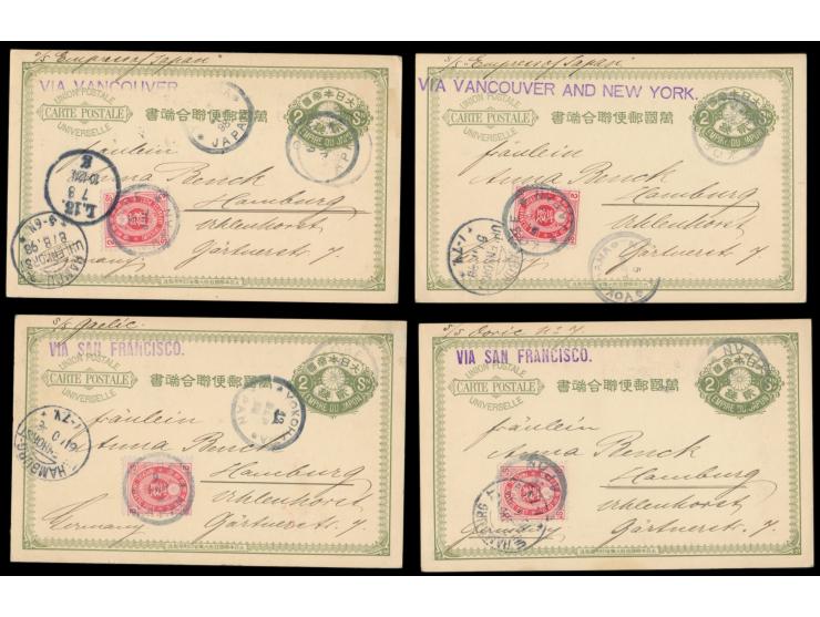 Lot von zehn 2 Sen-Ganzsachen mit rückseitig verschiedenen mehrfarbigen Bildern, alle mit Zusatzfrankatur 2 Sen Koban, alle m