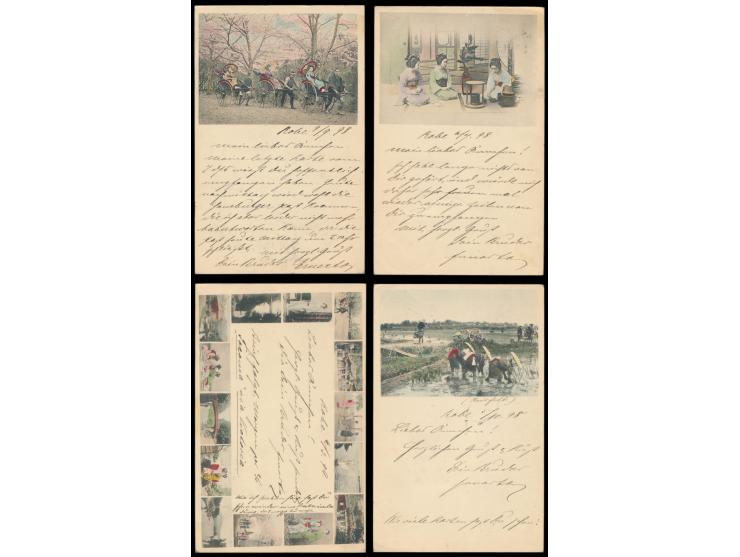 Lot von zehn 2 Sen-Ganzsachen mit rückseitig verschiedenen mehrfarbigen Bildern, alle mit Zusatzfrankatur 2 Sen Koban, alle m