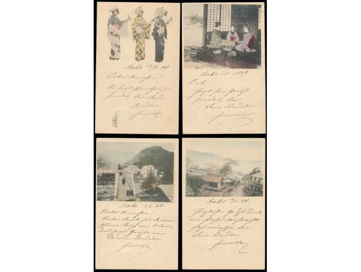 Lot von zehn 2 Sen-Ganzsachen mit rückseitig verschiedenen mehrfarbigen Bildern, alle mit Zusatzfrankatur 2 Sen Koban, alle m