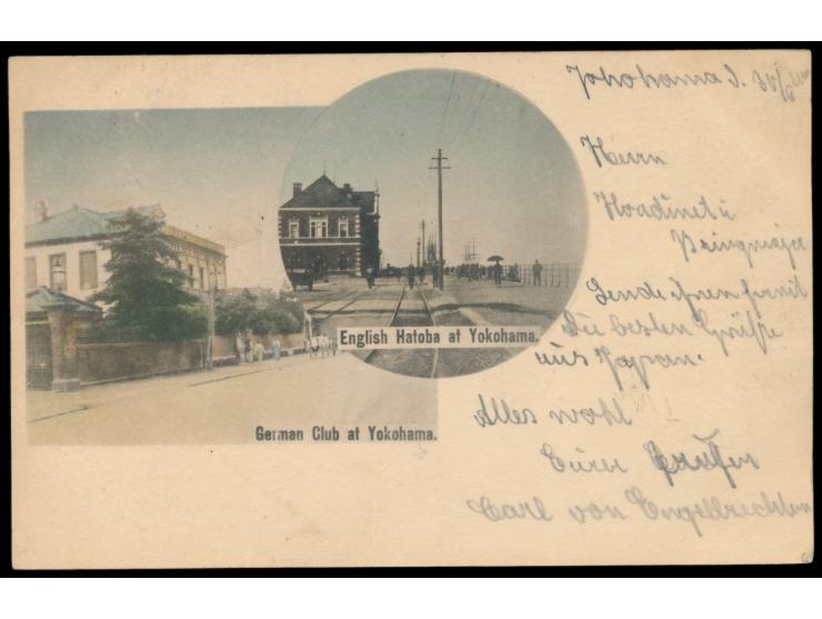 Ganzsache 4 Sen mit rückseitig zwei mehrfarbigen Bildern:  German Club und English Hatoba at Yokohama,  Stempel Yokohama / Ja