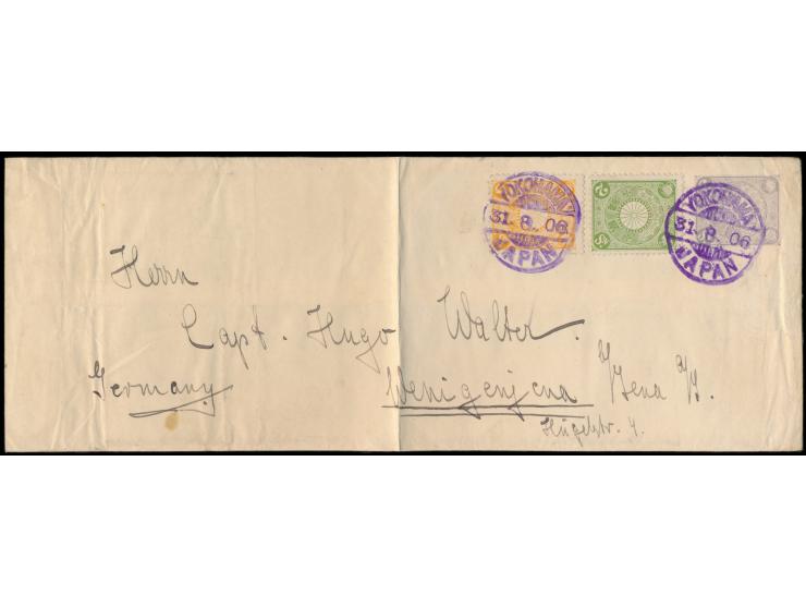 Ganzsachen-Umschlag 3 S. Langformat mit Zusatzfrankatur 2 und 5 S. Kiku-Serie portorichtig nach Deutschland, Stempel Yokohama