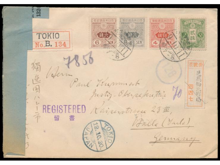 Tazawa (Faserpapier) 2, 4, 6 und 8 Sen auf  Einschreibbrief  mit japanischem Stempel 11.10.9 (1920) und R-Zettel  Bahnhof Shi