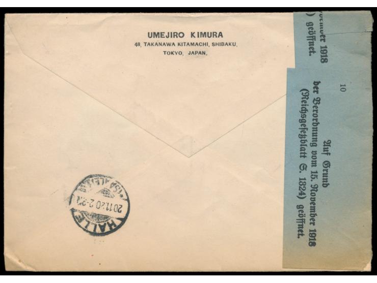 Tazawa (Faserpapier) 2, 4, 6 und 8 Sen auf  Einschreibbrief  mit japanischem Stempel 11.10.9 (1920) und R-Zettel  Bahnhof Shi
