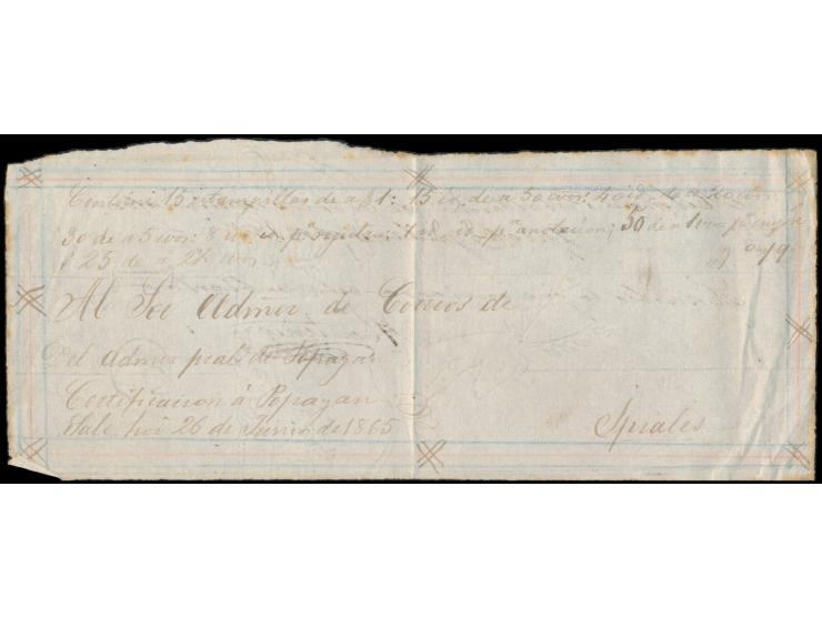 Einschreibbrief-Vorderseite mit handschriftlichem Aufgabevermerk  "Certificacion a Popayan ..."  26.6.1865 und handschriftlic