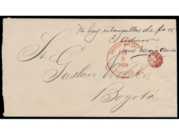 Brief mit rotem Stempel &nbsp;Honda &nbsp;2.2.1894 nach Bogota, wegen Markenmangel handschriftlicher Vermerk &nbsp;&quot;No h