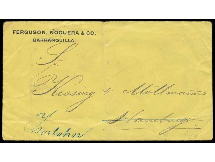 Zehnerblock  1 C. rot auf gelb (1892) mit Seitenrand links rückseitig auf Firmenbrief aus Barranquilla nach Hamburg und weite
