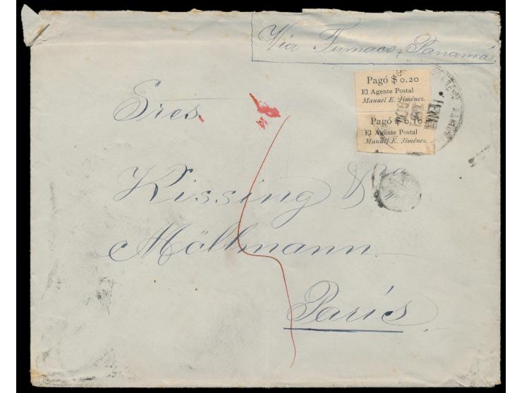 Tumaco,  Lokalmarke 0,10 $ und 0,20 $ ungezähnt auf Brief nach Paris, Stempel Tumaco (?) 18.1.1901, Durchgangsstempel Transit