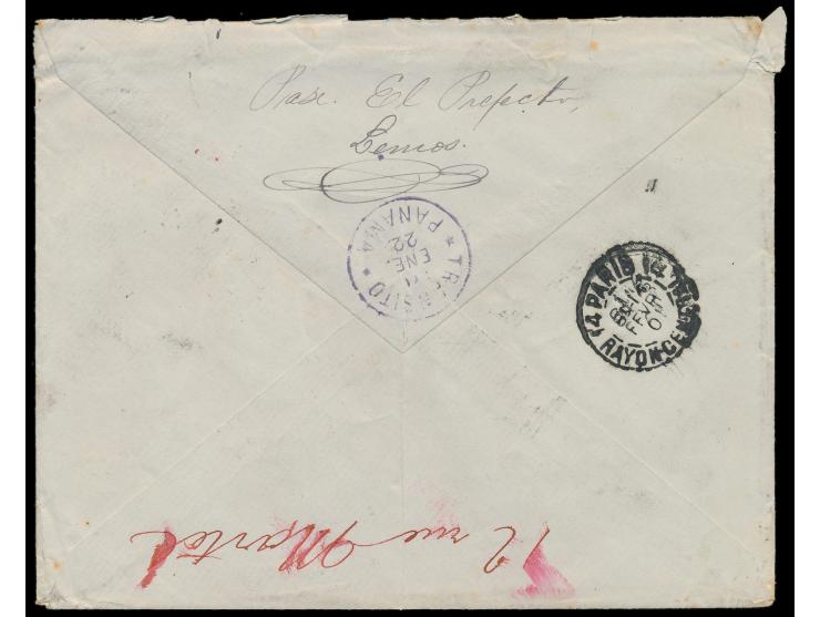 Tumaco,  Lokalmarke 0,10 $ und 0,20 $ ungezähnt auf Brief nach Paris, Stempel Tumaco (?) 18.1.1901, Durchgangsstempel Transit