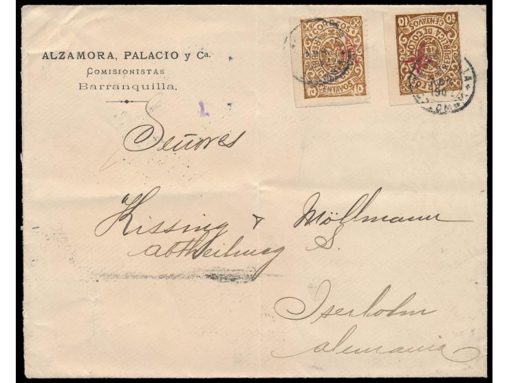 Cartagena-Ausgabe:  2 x 10 C. braun mit Kontrollaufdruck (Stern), dreiseitig durchstochen (1902), auf Firmenbrief nach Deutsc