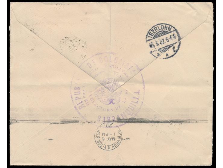 Cartagena-Ausgabe:  2 x 10 C. braun mit Kontrollaufdruck (Stern), dreiseitig durchstochen (1902), auf Firmenbrief nach Deutsc