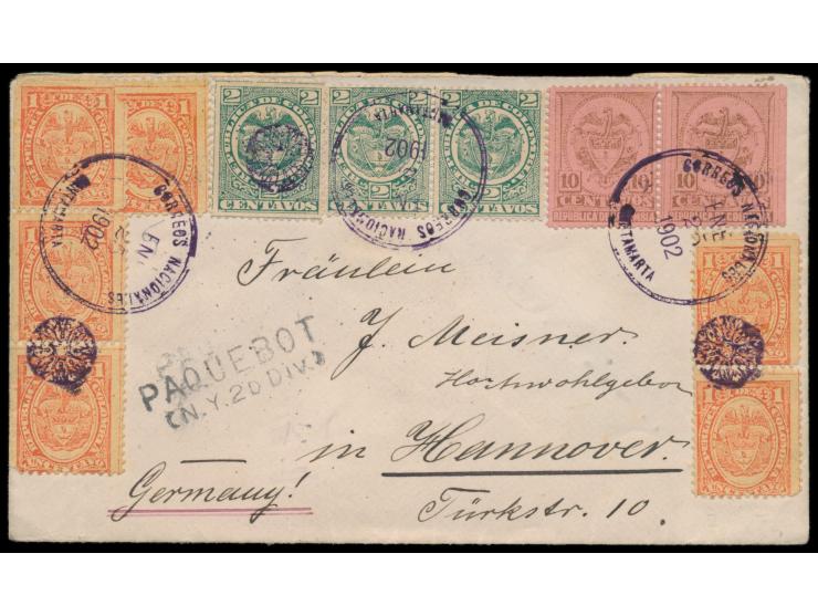 Ausgabe 1892: 6 x 1 C., 3 x 2 C. und 2 x 10 C. auf Brief nach Deutschland, Stempel  Santamarta  25.1.1902,  Paquebot-Stempel 