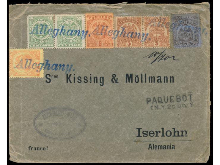 Brief mit 7 Marken verschiedener Wappen-Ausgaben nach Deutschland, entwertet mit Schiffstempel  Alleghany  (4 Abschläge), Z2 