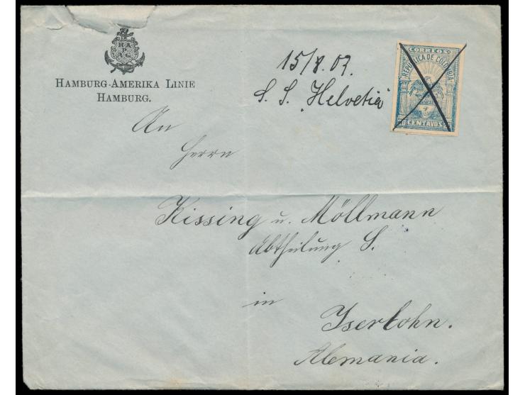 20 C. blau ungezähnt (1903) auf Umschlag der Hamburg-Amerika-Linie nach Deutschland, handschriftliche Schiffsentwertung &nbsp