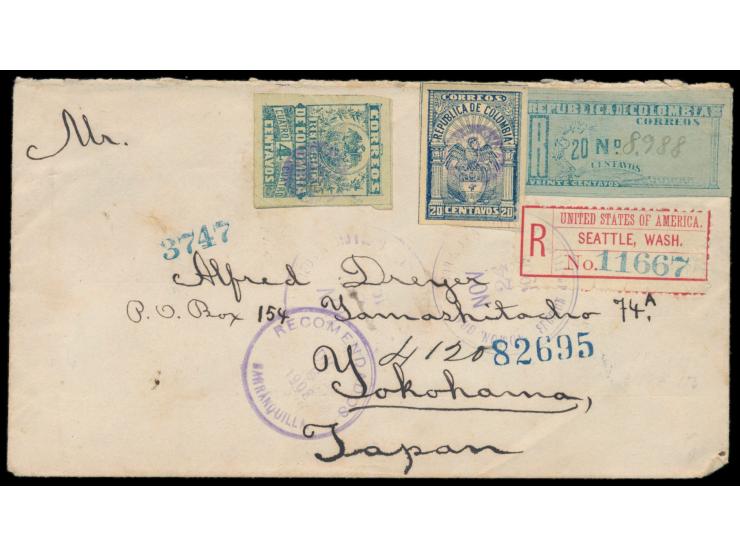 4 C., 2 x 20 C. (1 x rückseitig) und Einschreibmarke 20 C. mit Stempel  Bogota  24.11.1903 auf Einschreibbrief  nach Japan,  