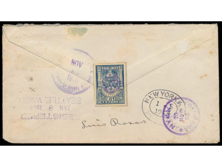 4 C., 2 x 20 C. (1 x rückseitig) und Einschreibmarke 20 C. mit Stempel  Bogota  24.11.1903 auf Einschreibbrief  nach Japan,  