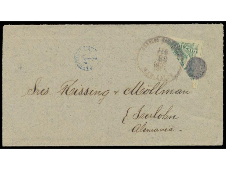 10 Pesos (1902) ungezähnt  diagonal halbiert  auf Brief nach Deutschland, Stempel  Manizales  22.2.1904, Durchgangsstempel Ba