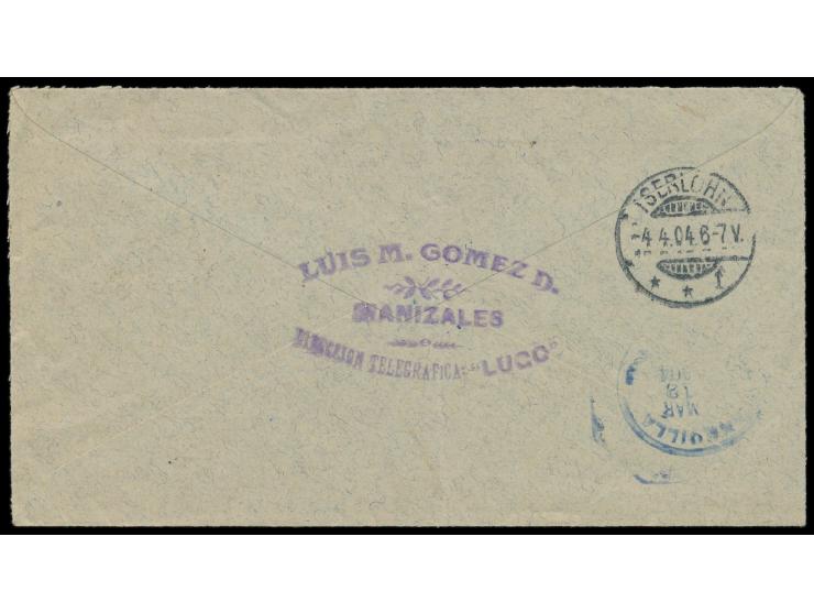 10 Pesos (1902) ungezähnt  diagonal halbiert  auf Brief nach Deutschland, Stempel  Manizales  22.2.1904, Durchgangsstempel Ba