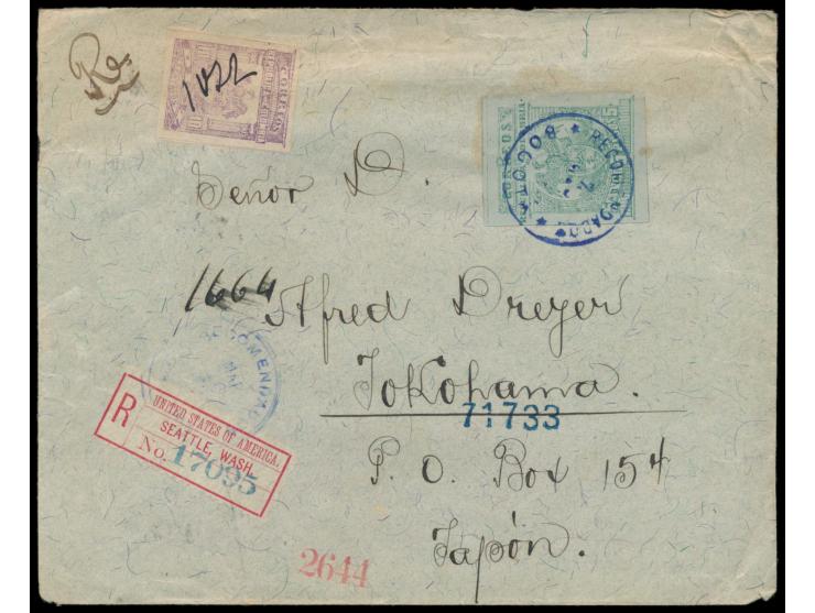 5 Pesos (als 50 C.) mit Stempel  Bogota  7.3.1904 und 10 C. mit handschriftlicher Registriernummer als  Aushilfs-Einschreibma