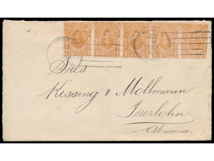 waagerechter Fünferstreifen  Un Peso  braunocker (General Pinzon) auf Brief nach Deutschland, Stempel  Barranquilla  4.6.1904