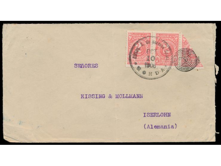 2x 2 Ct.  und anhängende  Schräghalbierung  auf Firmenbrief nach Deutschland, Duplex- Stempel  Honda  10.10.1906, Transitstem