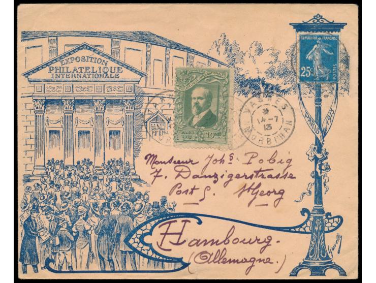 dekorativer  Bildumschlag "Exposition Philatelique Internationale Paris 1913"  mit Spendenmarke 10 C. grün und Frankatur 25 C