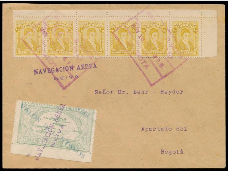 Neiva-Notausgabe &nbsp;10 C. (Type II) auf 50 C. grün (unten ungezähnt) mit Ovalstempel (schwach) und L2 &quot;Navegacion Aer