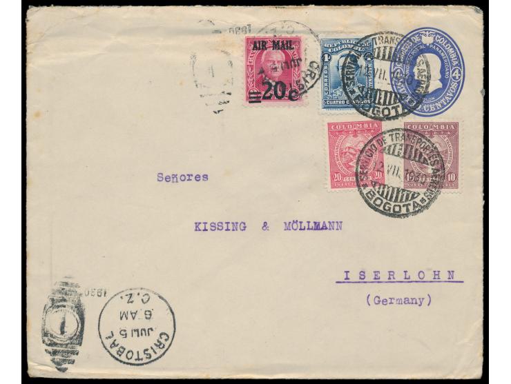 SCADTA,  Kolumbien-Ganzsachenumschlag 4 C. mit Zusatzfrankatur 4 C. und SCADTA 10 und 20 C. und  Canal-Zone 20 C.  nach Deuts