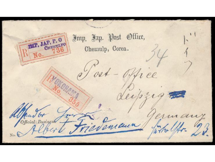 1908: Vordruckumschlag &nbsp;&quot;Imp- jap. Post Office, Chemulpo, Corea - Official Business&quot; &nbsp;als portofreie Post