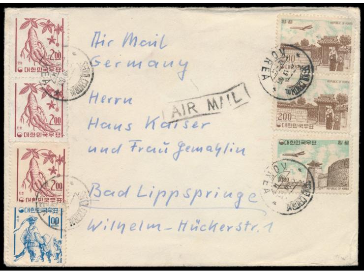 Südkorea,  1 W., 3 x 2 W. 10 W. Flugpost und 2 x 200 H. auf Luftpostbrief mit Stempel  Seoul Central  9.6.63 nach Deutschland