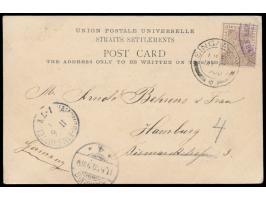 3 C.  mit Firmenstempel   vorausentwertet  auf früher Fünfbild-Ansichtskarte "Greetings from Singapore", Stempel Singapore 17