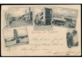 3 C.  mit Firmenstempel   vorausentwertet  auf früher Fünfbild-Ansichtskarte "Greetings from Singapore", Stempel Singapore 17