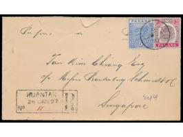 Pahang  3 C. und 5 C. auf  Einschreibbrief  mit Stempel  Kuantan  28.1.97 nach Singapore, R-Stempel mit handschriftlicher Nr.