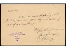 Perak,  violetter Ovalstempel  Post Office Tanjong Rambutan  6.3.1912 nicht komplett auf Ganzsache F.M.S. 3 C. nach Deutschla