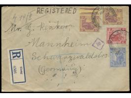 Selangor:  F.M.S. 4 C., 2 x 5 C. und 10 C. auf  Einschreibbrief  nach Deutschland,  Stempel  Klang  1.1.23, Durchgangsstempel