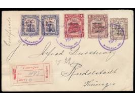 Aufdruckausgabe 1913 (Goldwährung):  Ganzsachenumschlag 2 C. auf 10 C. mit Zusatzfrankatur von 6 weiteren Aufdruckmarken (Ges