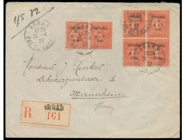 6 x 50 C.  "Congrès de B.I.T. 1930"  auf   Einschreibbrief mit Stempel Arras 26.4.32 nach Deutschland, Ankunftsstempel Mannhe