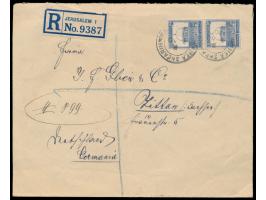 2 x 13 M. auf  Einschreibbrief  mit Stempel  Mea Shearim Jerusalem  4.11.30 nach Deutschland, handschriftlicher Registrierver