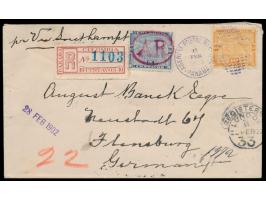 Einschreiben-Rückschein-Brief nach Deutschland, Frankatur 10 C. Landschaft,  Einschreibmarke 10 C.  braunrot und  Rückscheinm