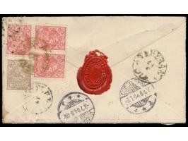 3 x 5 Ch. und 10 Ch. (Ausgabe 1903) rückseitig auf  Einschreibbrief  nach Deutschland, Stempel  Ispahan  13.6. und R-Stempel,