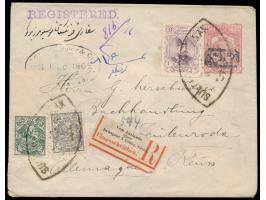 Ganzsachenumschlag 12 Ch. mit Aufdruck "Provisoire 1319" (1902) mit Zusatzfrankatur 2 x 2 Ch. (1 x rückseitig), 3 Ch. und 1 K