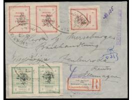 Täbris-Ausgabe &nbsp;mit Aufdruck Provisoire 2 x 1 Ch. (gezähnt), 2 x 3 Ch. und 3 x 6 Ch. beidseitig auf &nbsp;Einschreibbrie