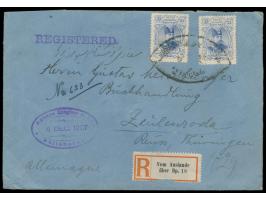 2 x 2 Kr. Schah Mosaffarod-Din (1903) auf  Einschreibbrief  mit Stempel  Sultanabad  6.12.1907 nach Deutschland, handschriftl