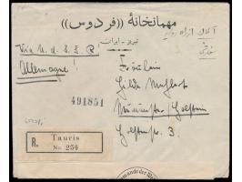 Schah Resa Pahlewi 5 D. und 7 x 60 D. (1938) rückseitig auf Einschreibbrief mit Stempel Tauris 8.5.41 und  R-Zettel Tauris  n